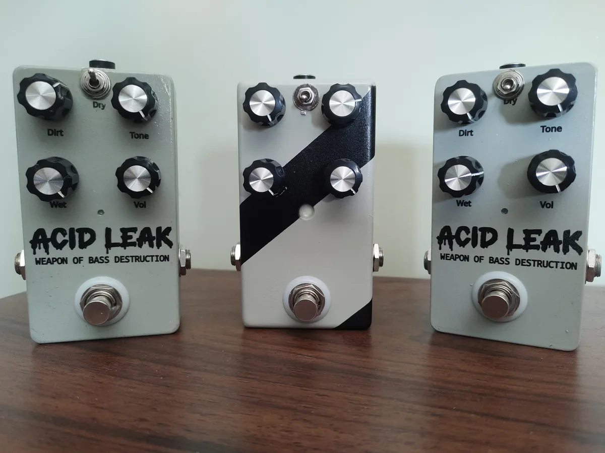 Three handmade Acid Leak bass distortion pedals