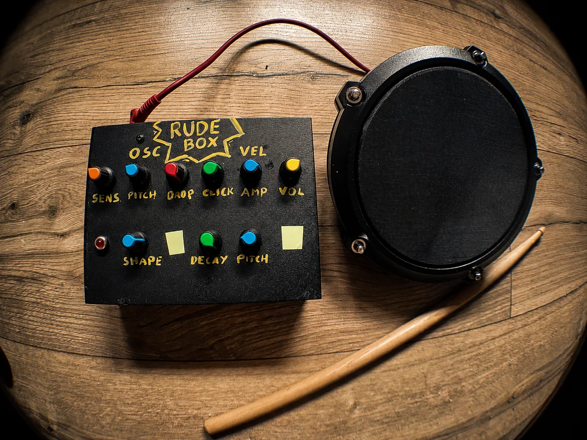 RudeBox drum synthesizer connected to a round electronic drum pad