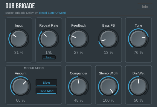 Dub Brigade delay plugin interface with knobs for Input, Repeat Rate, Feedback, Bass Feedback, Tone, Modulation, Compander, Stereo Width and Dry/Wet